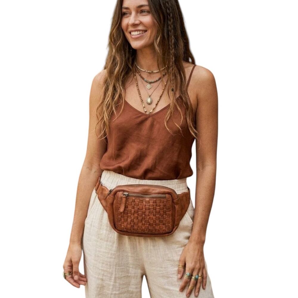Vilenca Holland Cognac Woven Leather Belt Bag Boho Crossbody Fanny Pack Fit L/XL